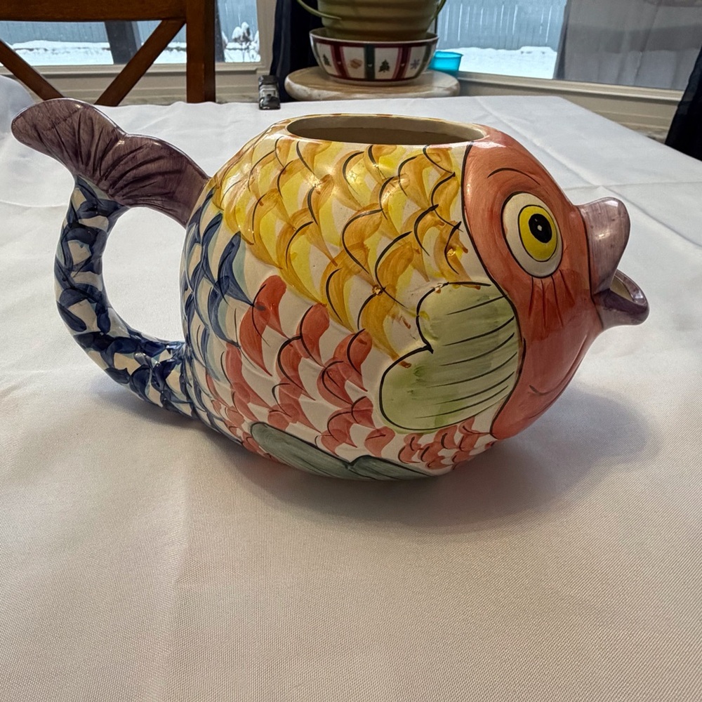 Vintage WCL China whimsical Koi Fish‎ colorful water pitcher 6”